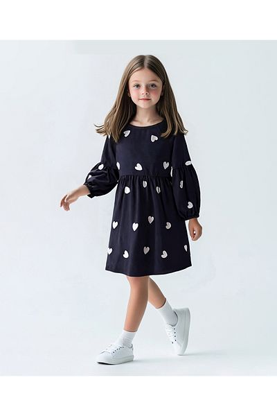 Primo Gino Primo Gino Cotton Knit Full Puffed Sleeves Heart Printed Frock - Black
