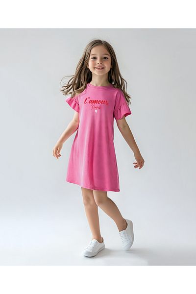 Primo Gino Primo Gino Cotton Knit Flutter Sleeves A Line Frock with Chest Text Print - Dark Pink