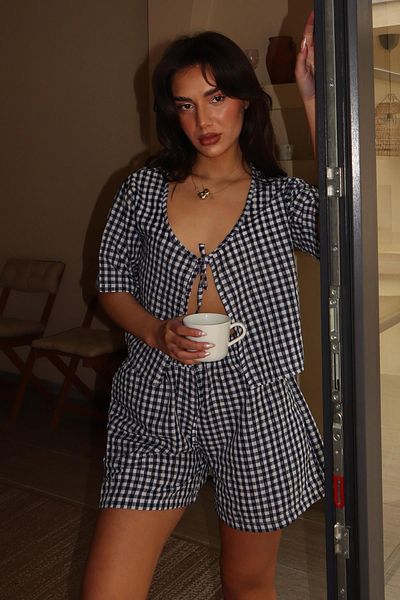 Madmext Navy Blue Gingham Shorts Blouse Set Mg2373