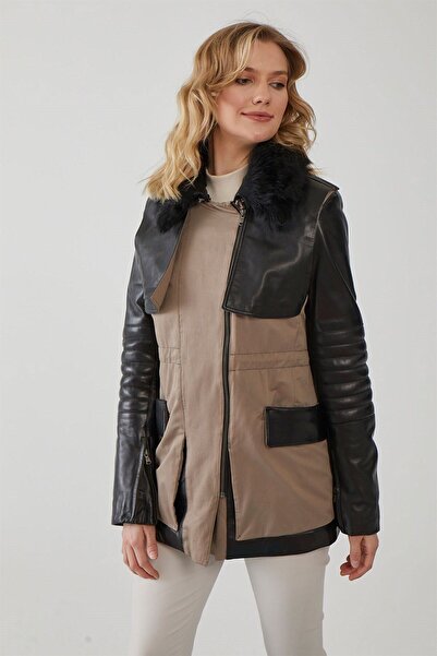 Deriderim Siyah Georgina Bej Kumaş Garni Fermuarlı Dolgulu Sıcak Tutan Kadın Hakiki Deri Kaban