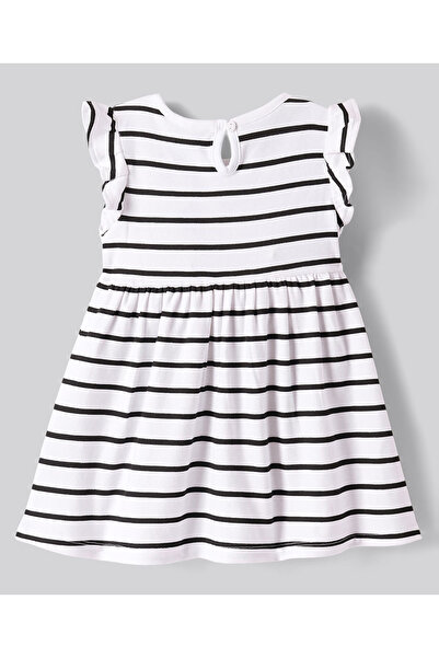 Bonfino Binfino 100% Cotton Knit Frill Sleeves Striped Dress with Bow Applique & Hearts Embroidery - White