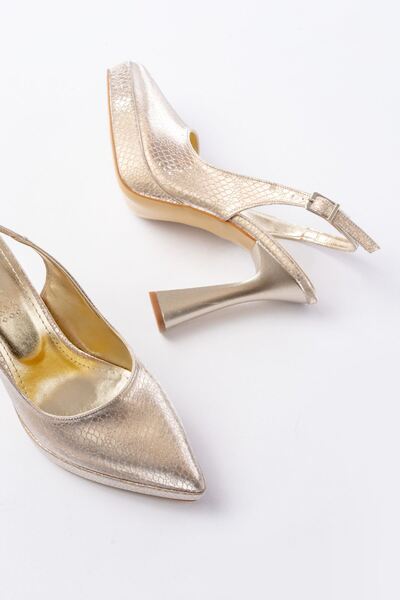 infon shoes creation B-2101 Gold Günlük Arkası Açık Yılan Desenli Topuklu Ayakkabı