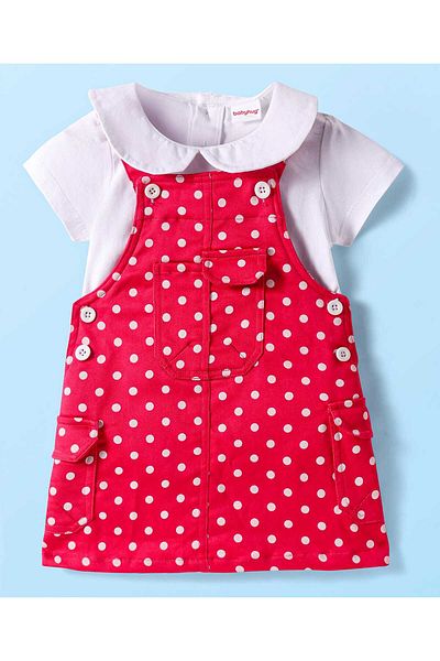 Babyhug فستان جينز من Babyhug مع تي شيرت داخلي بياقة بيتر بان وطبعة نقاط بولكا - أحمر وأبيض