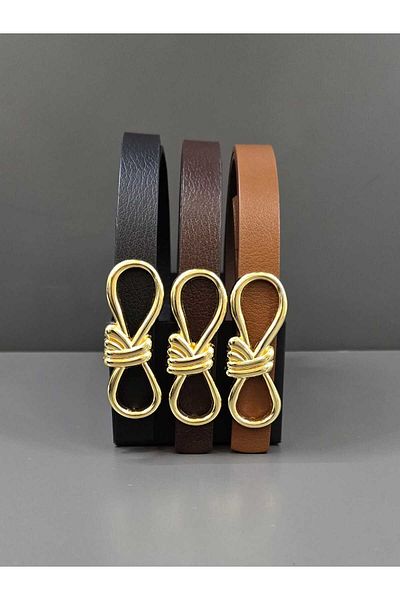 Kemerix 100% Genuine Leather Thin Black-Tan-Bitter Brown 3-Piece Belt Set with Gold Buckle