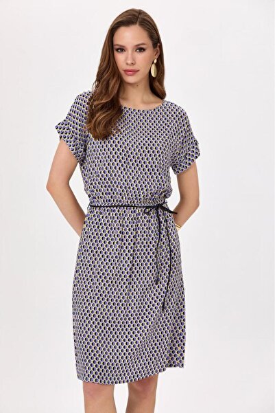 İKİLER Düşük Kol Beli Kemerli Desenli Elbise 025-4006