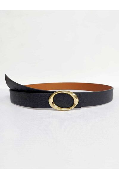 Kemerix Women's Black Belt with Gold Oval Buckle