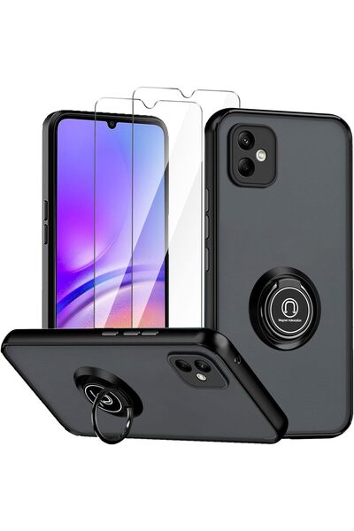 AWH غلاف لهاتف Samsung Galaxy A05 أسود، حامل حلقي + 2 زجاج مقسّى، مقاوم للصدمات