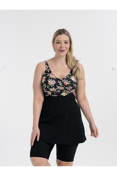 AQUAVİVA Aquaviva Women's Black Lilac Pattern Large Size Double Breasted Dress Gatherer