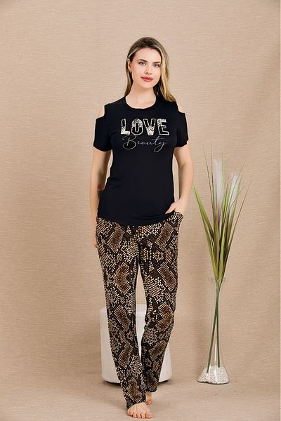 Lady Lingerie Set de pijamale de damă cu mânecă scurtă, cu detaliu pe umeri, cu imprimeu leopard