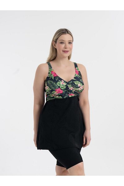 AQUAVİVA Aquaviva Women's Black Violet Pattern Plus Size Cruising Effect Gathering Dress Swimsuit