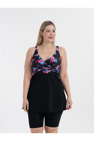 AQUAVİVA Aquaviva Women's Black Pink Flower Pattern Plus Size Double Breasted Tights Recovery Dress Swimsuit