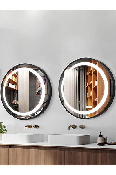 Taimi Pack of 2 Modern LED Round Vanity Mirror, Adjustable Temperature, Black Frame, 50x50CM