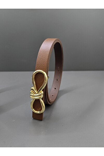 Kemerix 100% Genuine Leather Thin Tan Belt with Gold Buckle