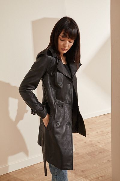 Deriderim Black Dolly Double Breasted Buttons Belted Trench Coat Women's Genuine Leather Coat