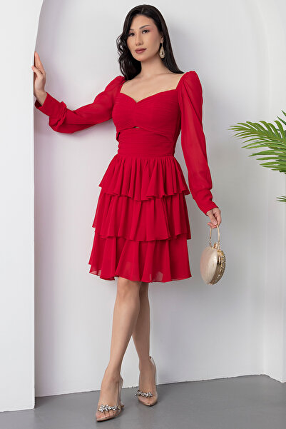 PULLIMM Kalp Yaka Uzun Kol Kat Kat Şifon Elbise ECR5547