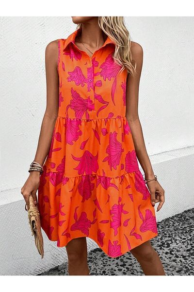 AFROGİYİM Rochie de damă portocaliu roz cu modele florale cu nasturi