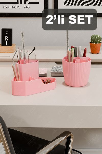 Fesya Home CORNER-FANUS Τρίγωνο και 7 θέσεων Desktop Organizer Set Desktop Organizer Organizer - Ροζ