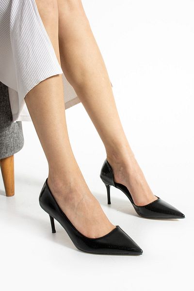 Güllü Shoes Pantofi cu toc subțire din piele vegană cu model piele de șarpe neagră 7 cm, vârf ascuțit, elegant și confortabil