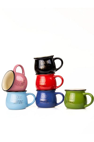 MUKKO HOME Set of 6 Enamel Look Porcelain Mugs Good Morning Gold Written 250 ml