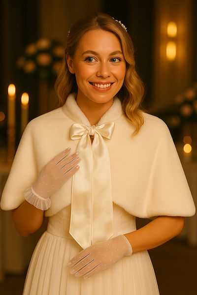 Elegance Scarf Long Bow Soft Textured Fur Etol Bridal Bolero Off White