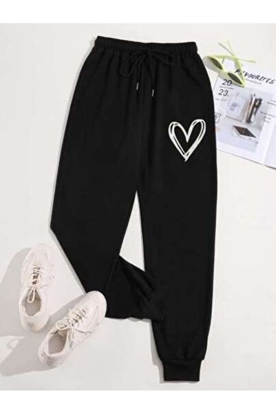 ervafashion Μαύρο λαστιχένιο παντελόνι με στάμπα καρδιάς Άνετο ντύσιμο Καθημε...