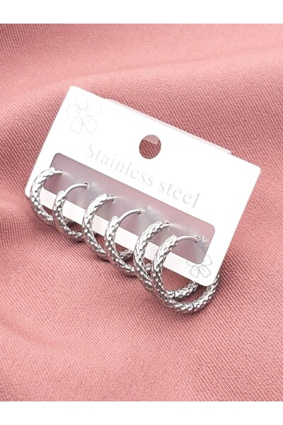 Siya Silver 3 Pairs of Patterned Steel Hoop Earrings 18-15-14 mm