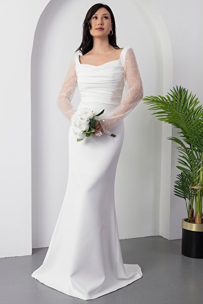 PULLIMM Kare Yaka Uzun Kol Atlas Elbise ECR5563