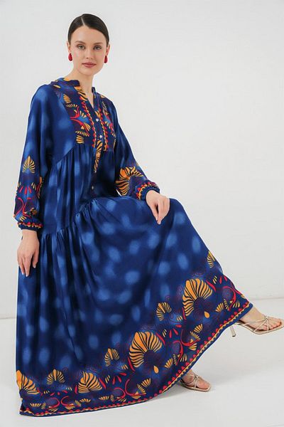 modaserdem 2423 Authentic Patterned Hijab Dress - Navy Blue 5
