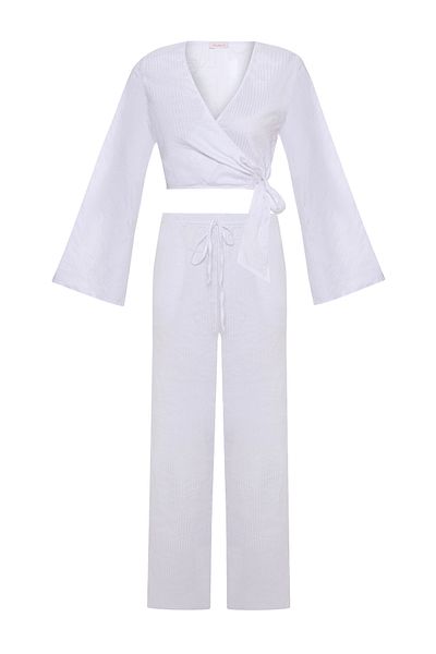 AQUELLA Textured White Crop Top-Pants Set