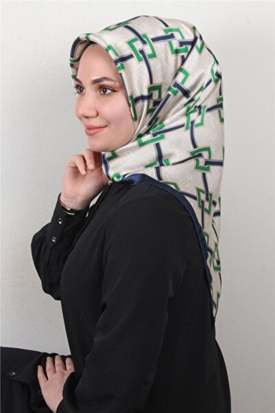 Armine Navy Blue Geometric Patterned Sura Silk Scarf Ist 8940 - 32