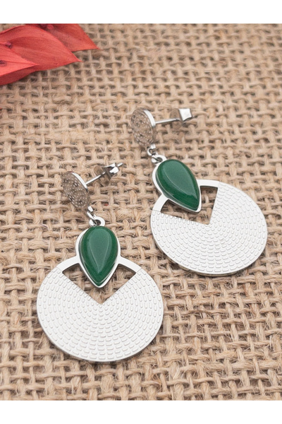 Siya Silver Kararmaz Çelik Yeşil Taşlı Otantik Sallantılı Plaka Küpe