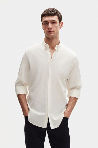 D'S Damat Πουκάμισο Ds Damat Comfort Ecru με γιακά με κουμπιά χαλαρή κοπή από λινό 100% βαμβάκι