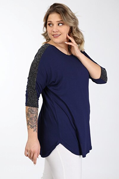 Alesia Sötétkék háromnegyed ujjú csillogó női blúz