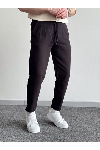 He Brand Men's Black Boyfriend Double Leg Linen Trousers