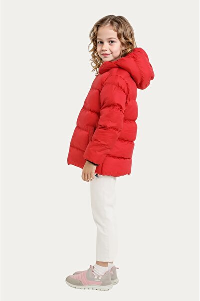 Montland Dívčí červený fleecový zimní kabát s kapucí, větruodolný, kapsový