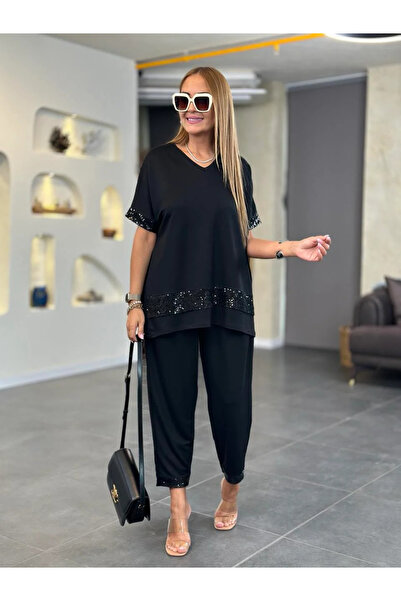 Kokosh moda Women's Sequin Sequin Detailed V-Neck Short Sleeve Large Size Two-Piece Set