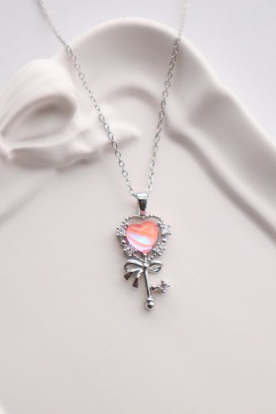 EFBUTİK Stainless Steel Silver Color Lolita Style Pink Heart Bow Necklace