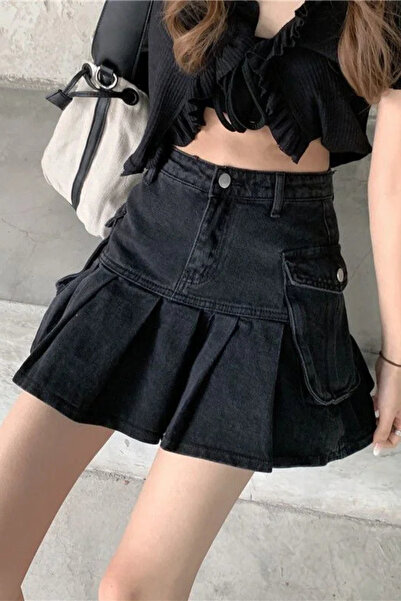 Chirkef Kadın Antrasit Mini Pamuklu Yıkamalı Retro Pileli Kargo Cep Detay Yaz...