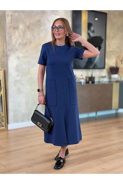 MODAVERA Women's Short Sleeve Crew Neck Pocket Front Slit Viscose Two Thread Midi Dress