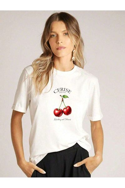 PENTHİLUS Women's 100% Cotton T-Shirt, Simple Cherry Print T-Shirt