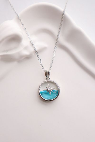 EFBUTİK Stainless Steel Silver Color Zircon Stone Sea View Polar Star Necklace