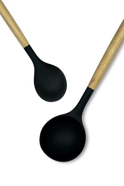 rubihome Black Hard Silicone Heat Resistant Soup Spoon with Bamboo Handle - 1 Piece