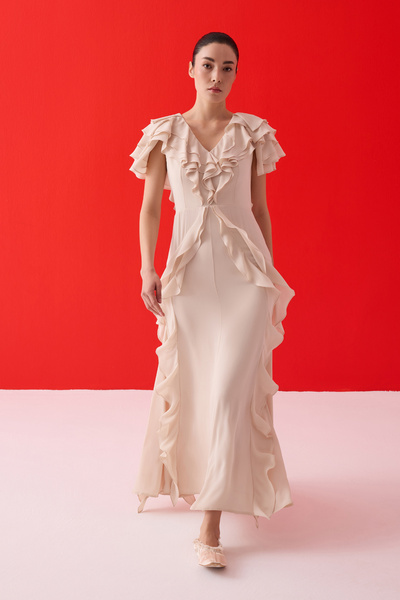 Jus De Pommes TAŞ RENGİ V YAKA VOLANLI UZUN ELBİSE