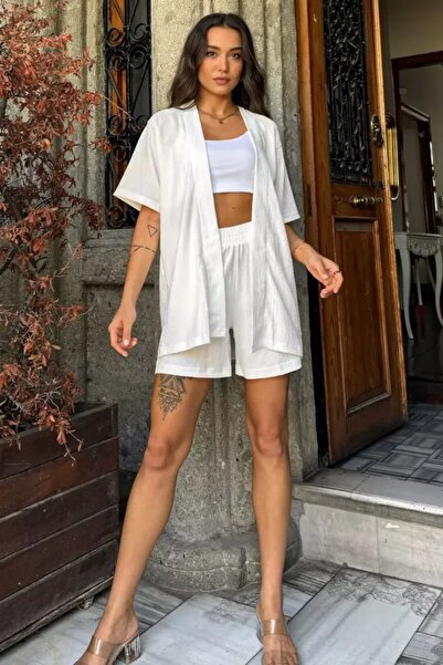 stg spor toptan giyim Women's White Wrap Kimono Shorts Bottom Top Set