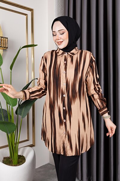 Sfg Life Moda Κομψά μοτίβα υφαντό πουκάμισο-τουνίκ με λεπτομέρεια με κουμπί στο μπροστινό μέρος, κατάλληλο για γυναικεία ρούχα Hijab και αθλητικά ρούχα