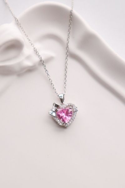 EFBUTİK Stainless Steel Silver Color Zircon Stone Heart Mini Bow Detail Necklace