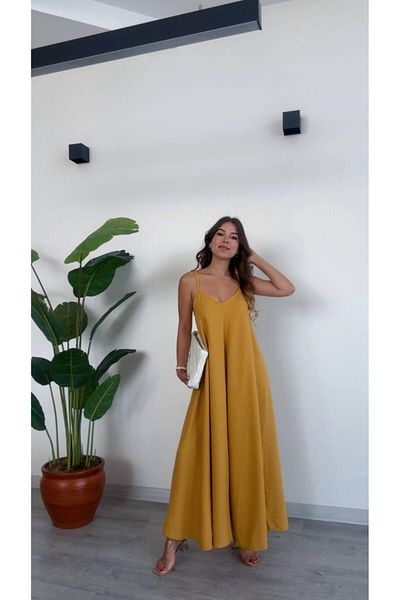 modadagiyim Rochie ocazională lungă, cu decolteu în V adânc, cu bretele de frânghie