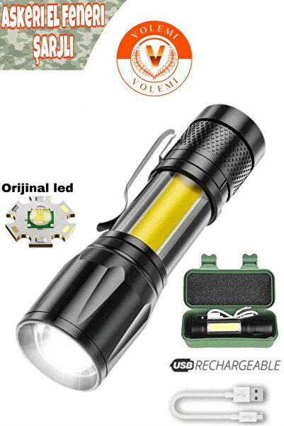 VOLEMİ Metal El Feneri Ultra Güçlü Usb Şarjlı 2500 Lumen 5w Cob Led Avcılık K...