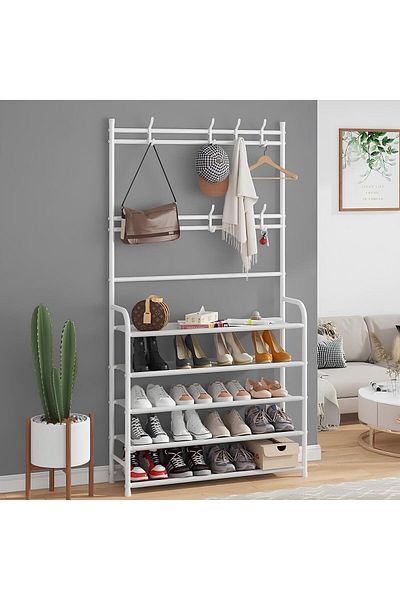 smart home 5-Tier Multifunctional Clothes Rack with Storage and Shoe Organizer Shelves, White