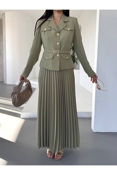 guller tekstil Women's Stylish Skirted Jacket Belt Suit
